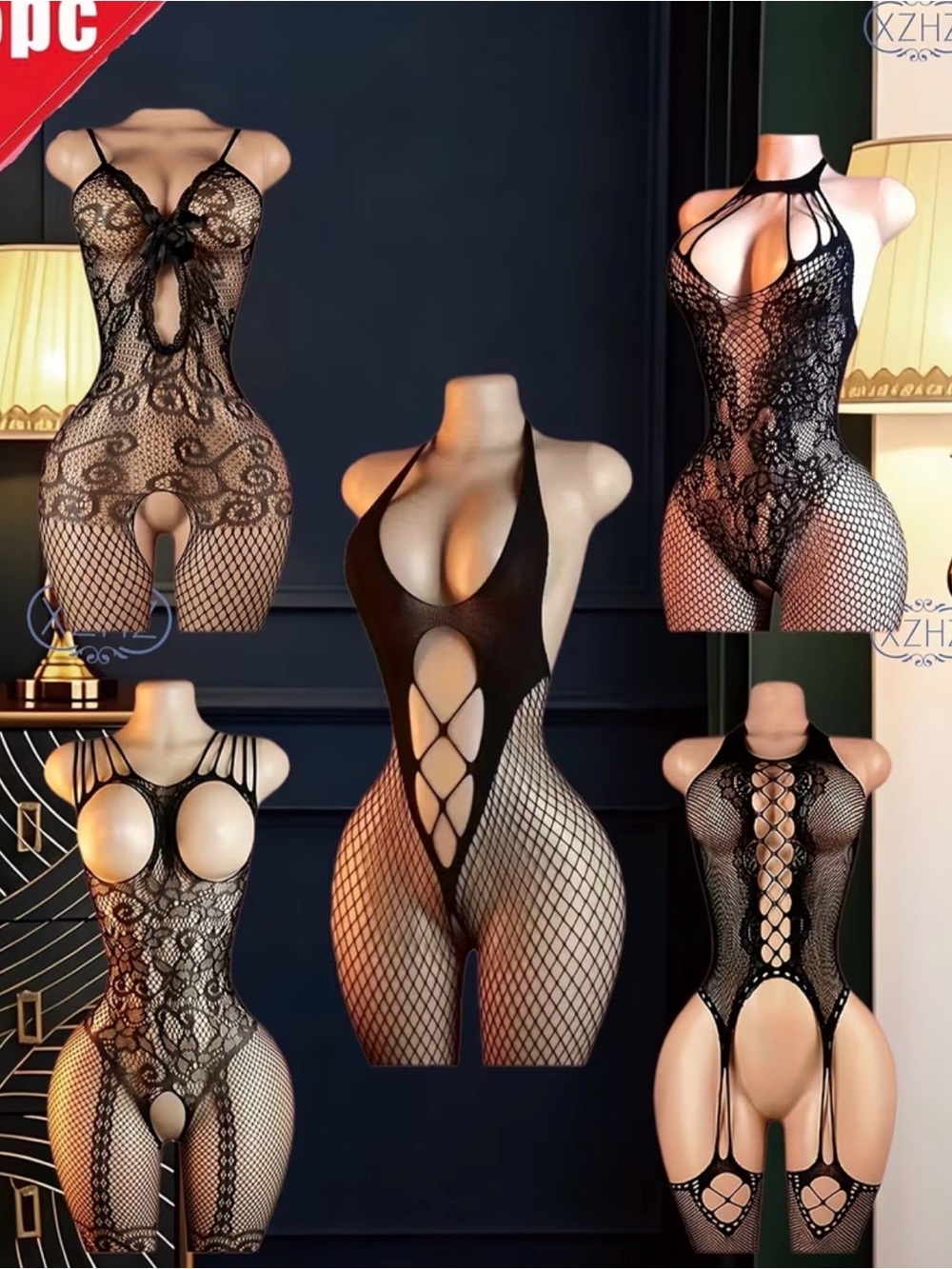 5pcs black Lace & Fishnet Bodysuit - Women Tops